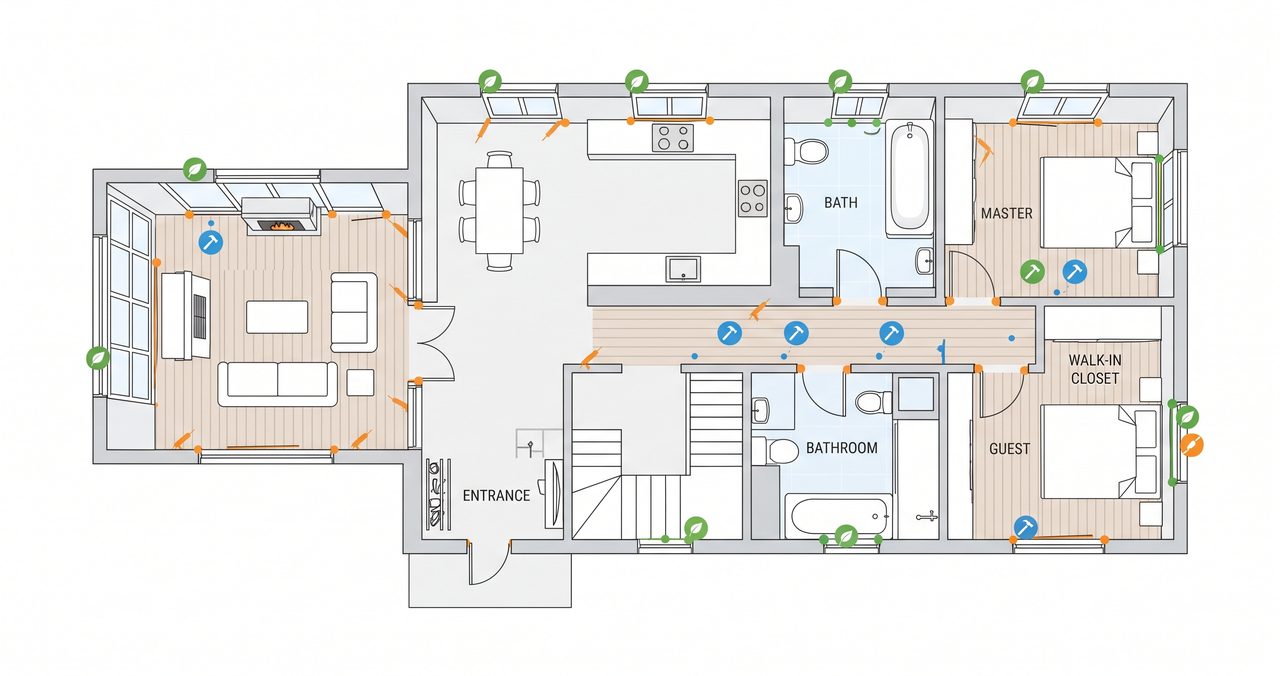 間取り図に窓や隙間などの場所を色付きの印で示した、DIYで対応できる範囲の図解