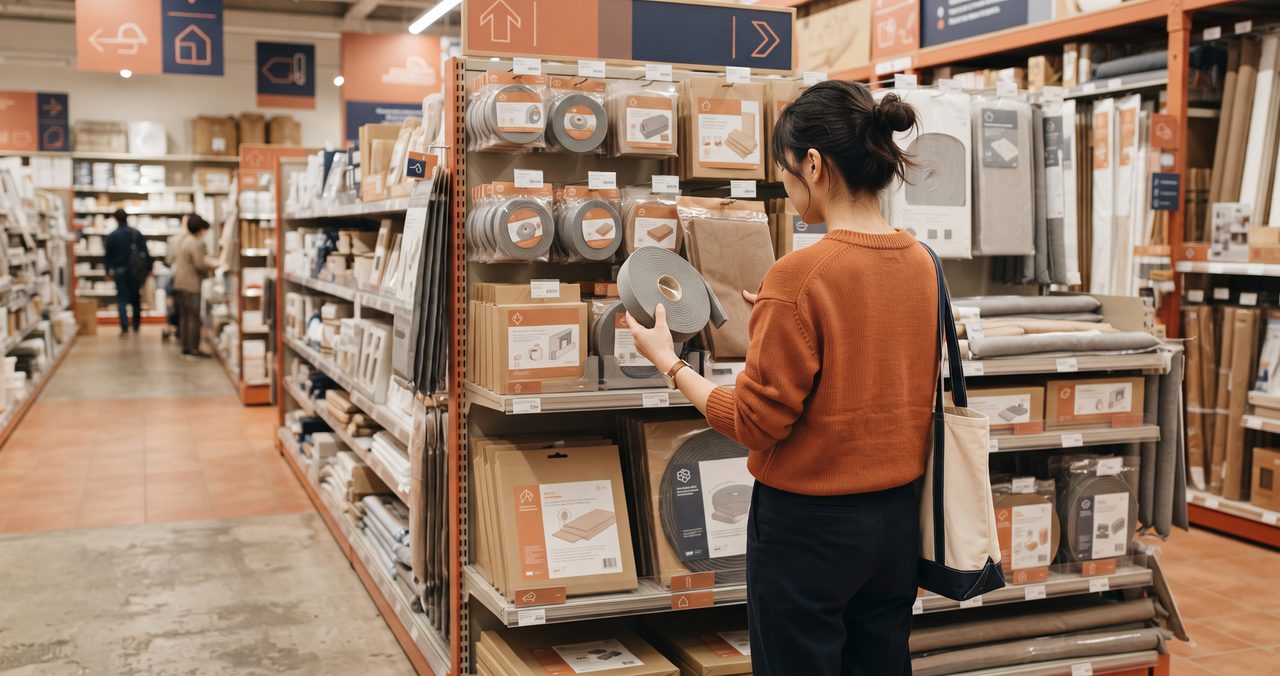 ホームセンターの売り場で、断熱シートなどの商品を手に取って選ぶ女性