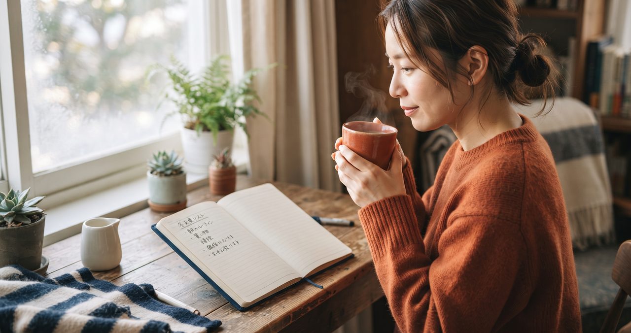 窓辺でマグカップを手に、ノートを広げて一息つきながら考える女性