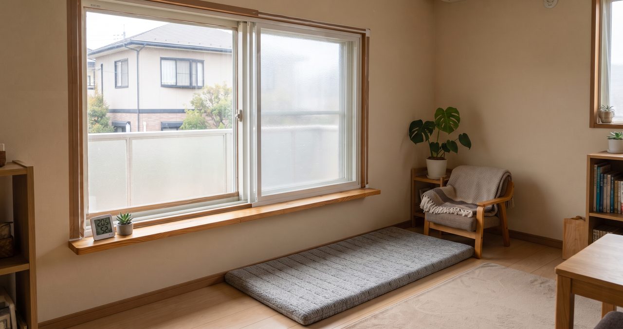 掃き出し窓の手前の床に、冷気を防ぐグレーの断熱マットが敷かれた部屋