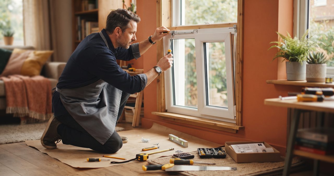 窓の枠に工具を使って断熱部材を取り付ける男性と、床に広げた工具や資材