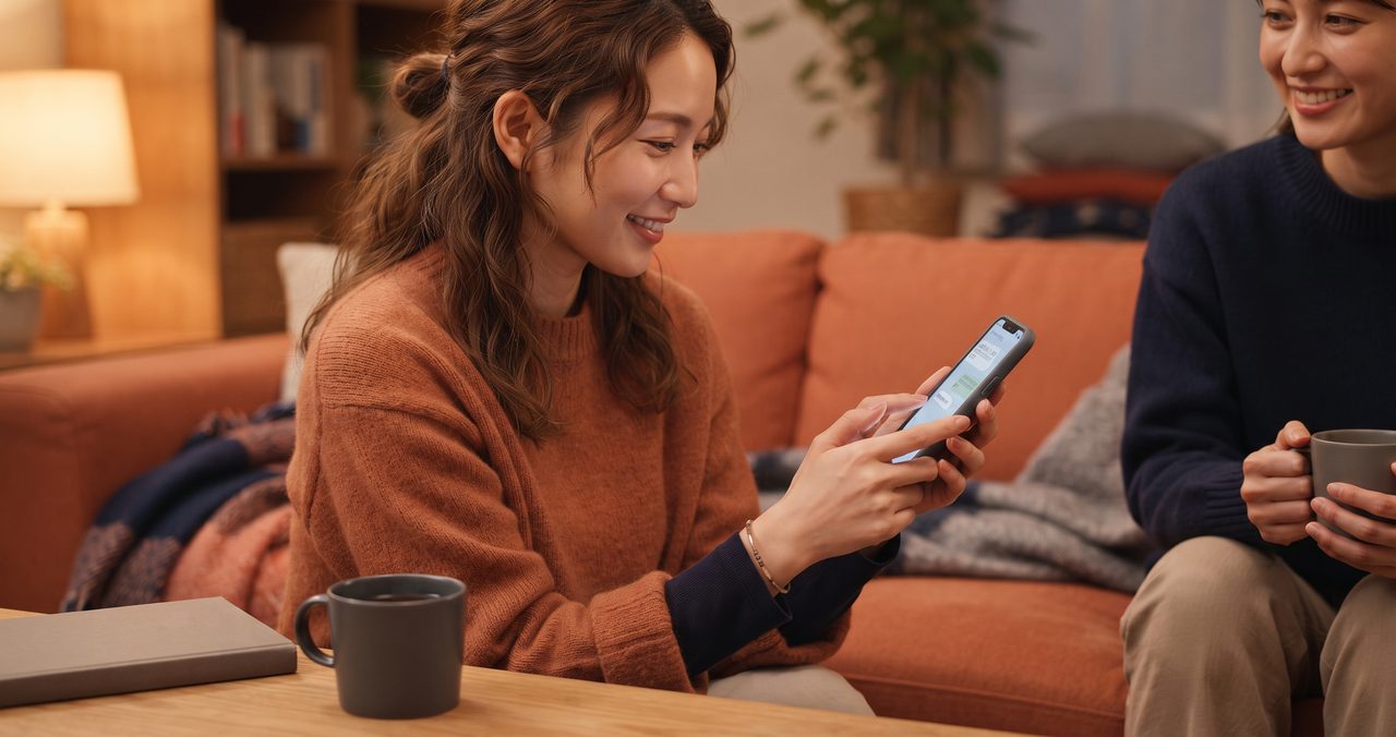 リビングのソファでスマートフォンを見ながら微笑む女性と、隣でマグカップを手にくつろぐ友人、温かみのある部屋で相談し合う様子