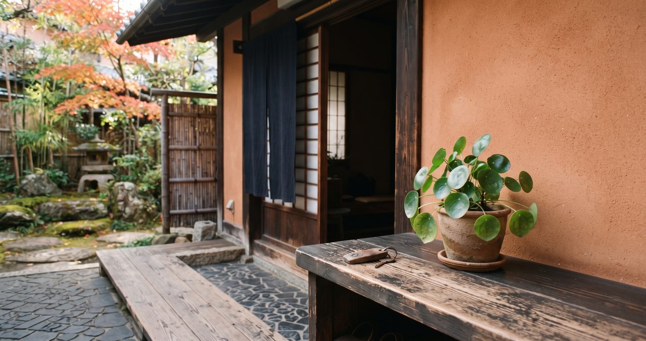 日本家屋の玄関先の庭と縁側、藍色ののれんと観葉植物の鉢