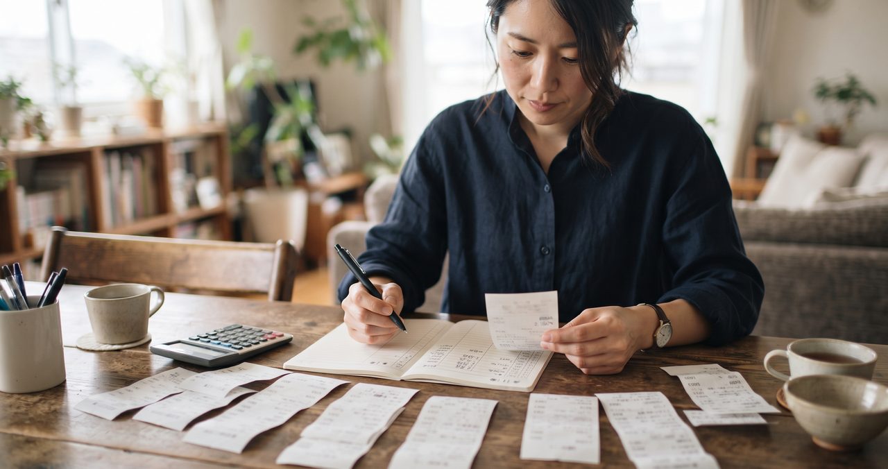 テーブルにレシートを並べ、ペンを持ってノートに費用を書き込む女性