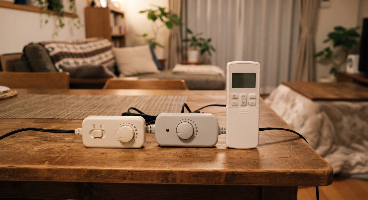 リビングのテーブルにこたつのスイッチと電気毛布のコントローラー、エアコンのリモコンが並べて置かれている様子