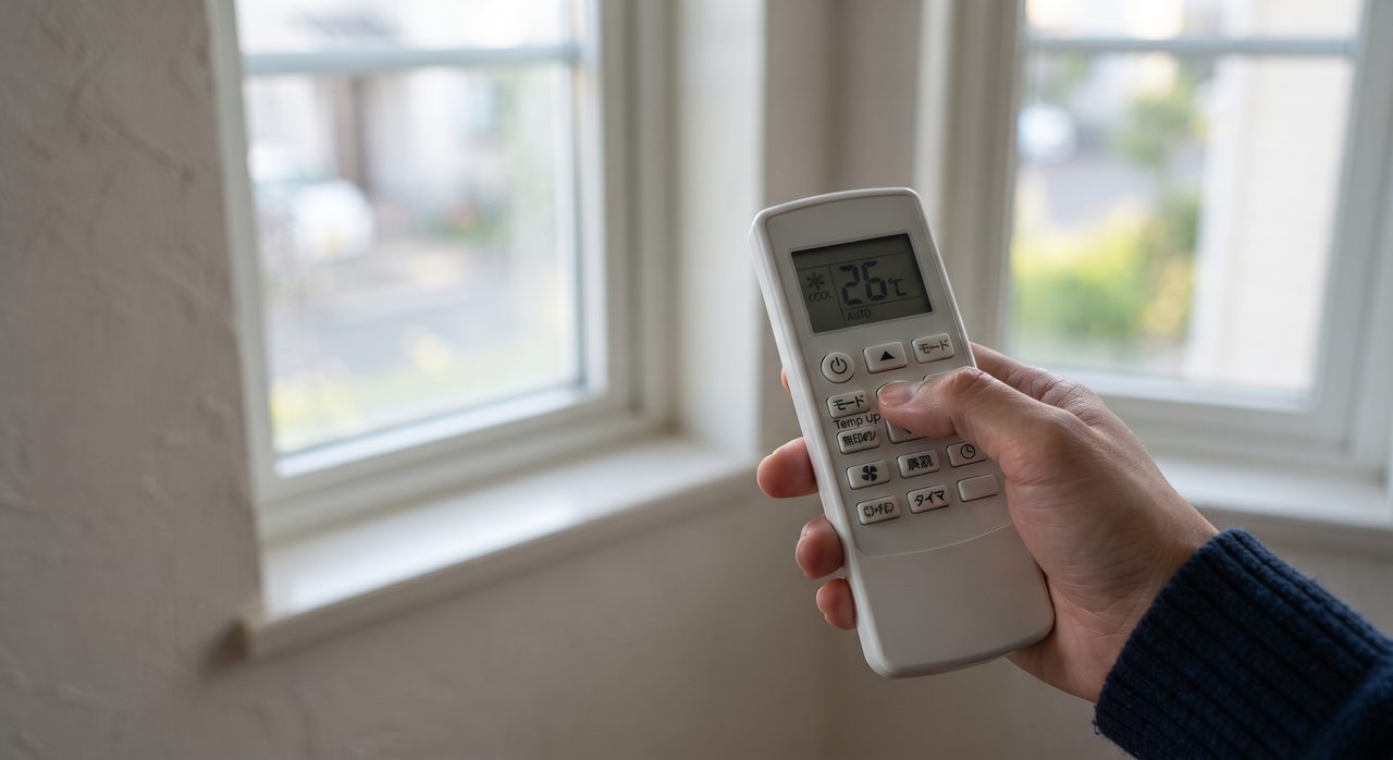 窓のある部屋でエアコンのリモコンを操作して設定温度を確認している手元