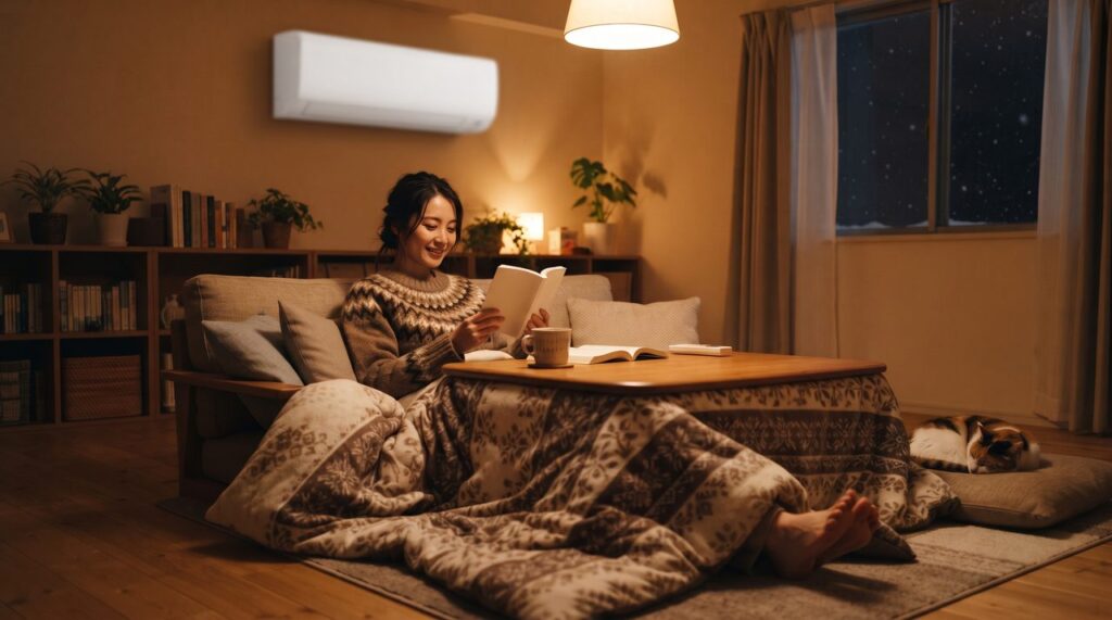 冬のリビングでこたつに入りながら読書してくつろぐ様子、背景にエアコンの室内機が見える