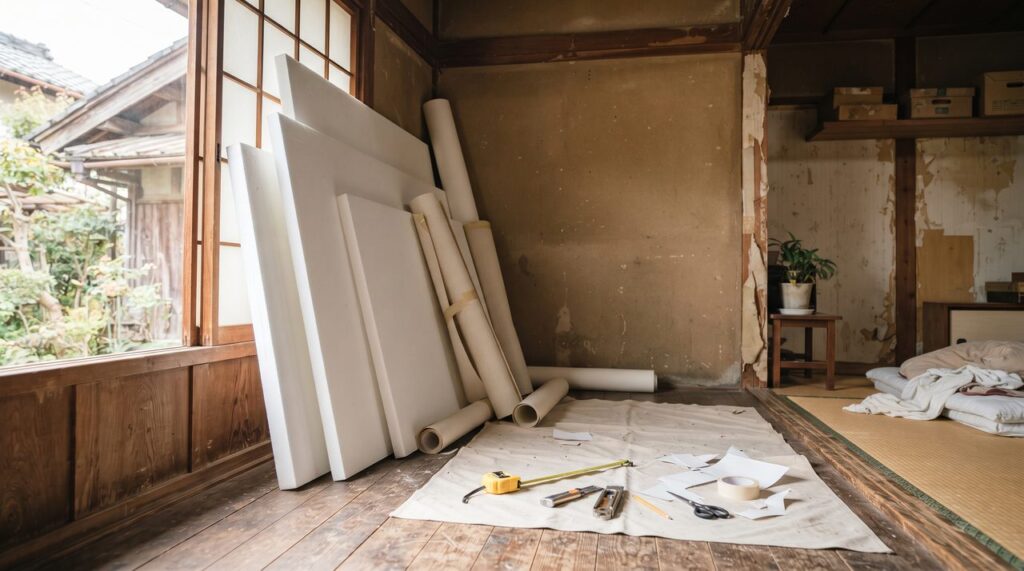 築古戸建ての一室に断熱ボードと壁紙ロールが立てかけられ、DIY道具が床に置かれている様子