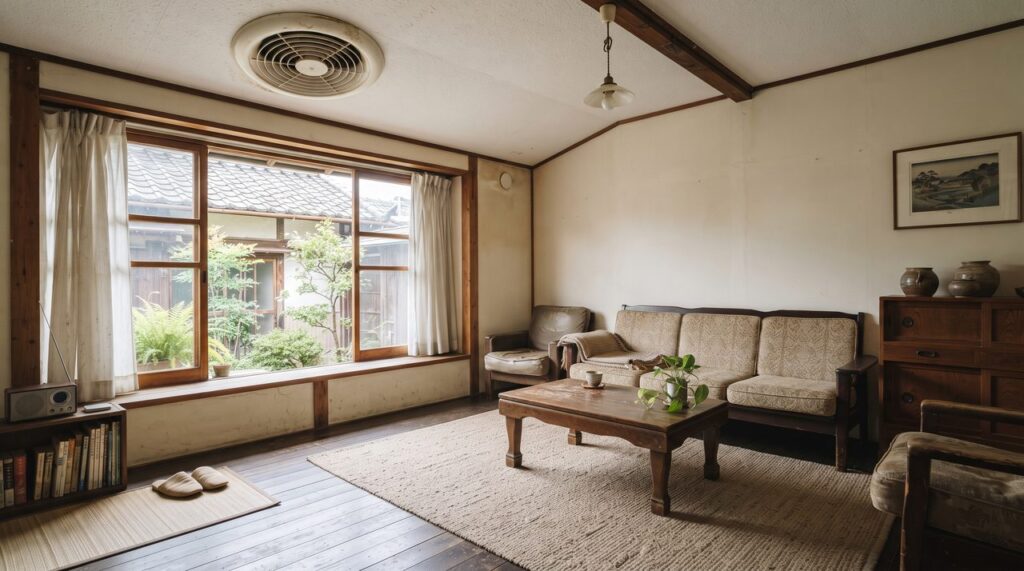 築古戸建てのリビングを広角で撮影した様子、天井の換気口と窓の両方が見える