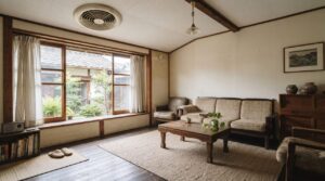 築古戸建てのリビングを広角で撮影した様子、天井の換気口と窓の両方が見える