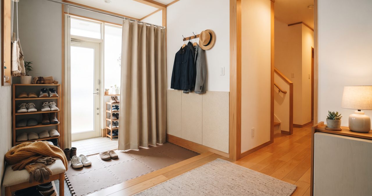 玄関のたたきに靴棚、コート掛け、ドア前のカーテンがある、冷気が入りやすい玄関まわり