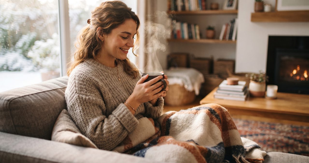 厚手のセーターを着た人が暖房で暖かいリビングのソファに座り、湯気の立つマグカップを両手で持っている様子