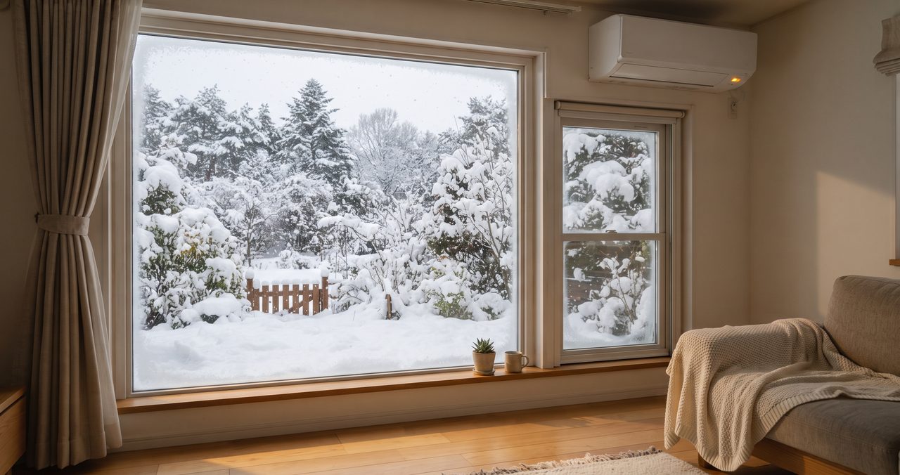 リビングの窓の外に雪が積もった冬の庭が見え、室内ではエアコンの暖房運転ランプが点灯している様子