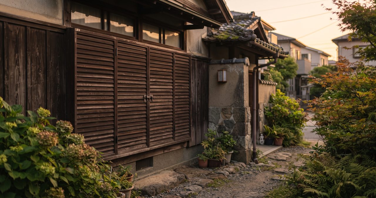 戸建て住宅の窓を外側から見た写真、夕方に雨戸が閉められている様子
