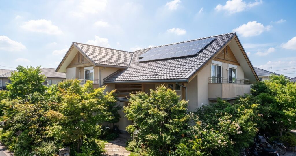 晴れた夏の日、青空の下に建つ戸建て住宅の屋根を少し離れた位置から写した外観写真