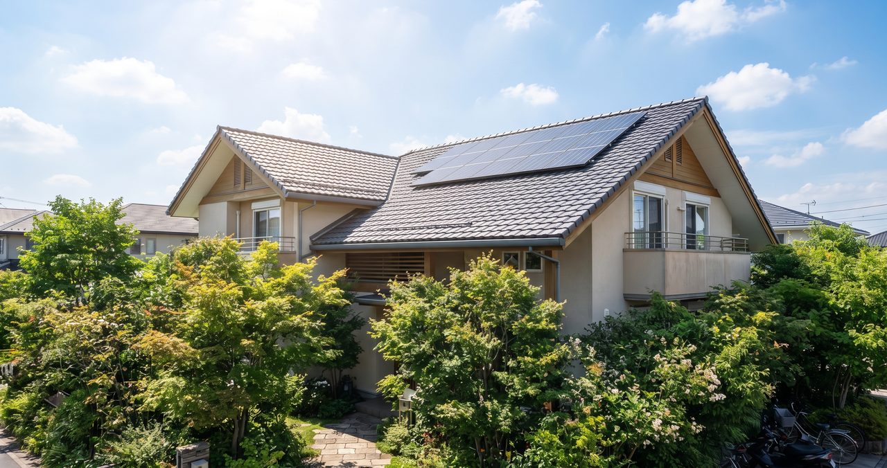晴れた夏の日、青空の下に建つ戸建て住宅の屋根を少し離れた位置から写した外観写真