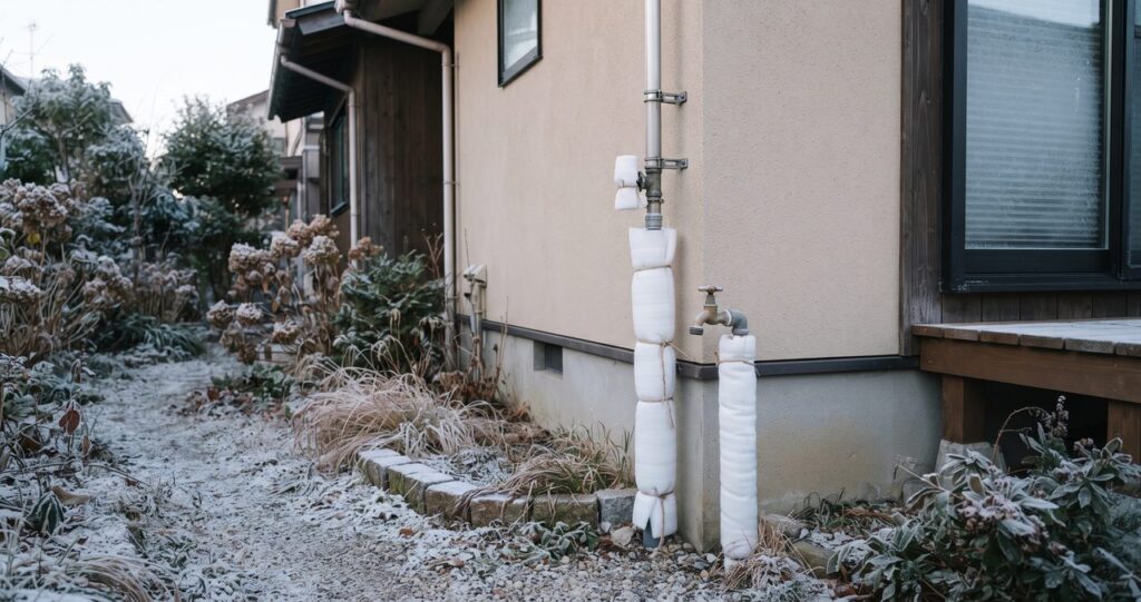 冬の早朝、戸建て住宅の外壁沿いに設置された屋外の水道配管に白い保温材が巻かれ、庭に霜が降りている様子