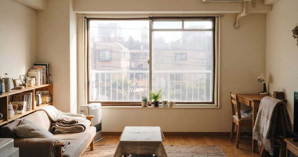 賃貸マンションの一室、窓辺に隙間テープと剥がせるタイプの断熱シートが貼られた様子