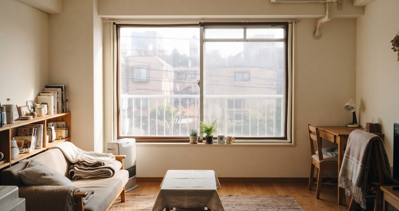 賃貸マンションの一室、窓辺に隙間テープと剥がせるタイプの断熱シートが貼られた様子