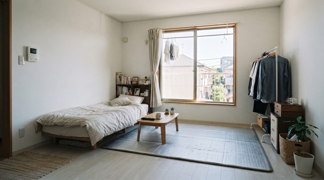 賃貸アパートの一室を引きで撮影した写真、窓には目立たない隙間テープ、床には断熱マットが敷かれ壁に穴を開けていない様子