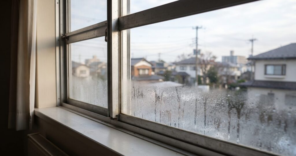 アルミサッシの窓を斜め横から撮影した写真、窓の下部にうっすらと結露の水滴がついている冬の朝の様子