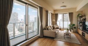 分譲マンションのリビング、窓辺に断熱シートと断熱カーテンが施工され高層階のバルコニーの眺めが見える様子