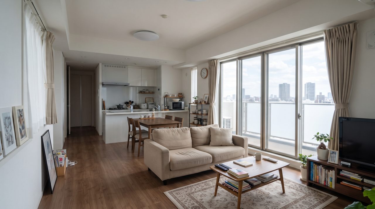 マンションのリビングを引きで撮影した写真、窓には目立たない透明な断熱シートが貼られ壁に穴を開けていない様子