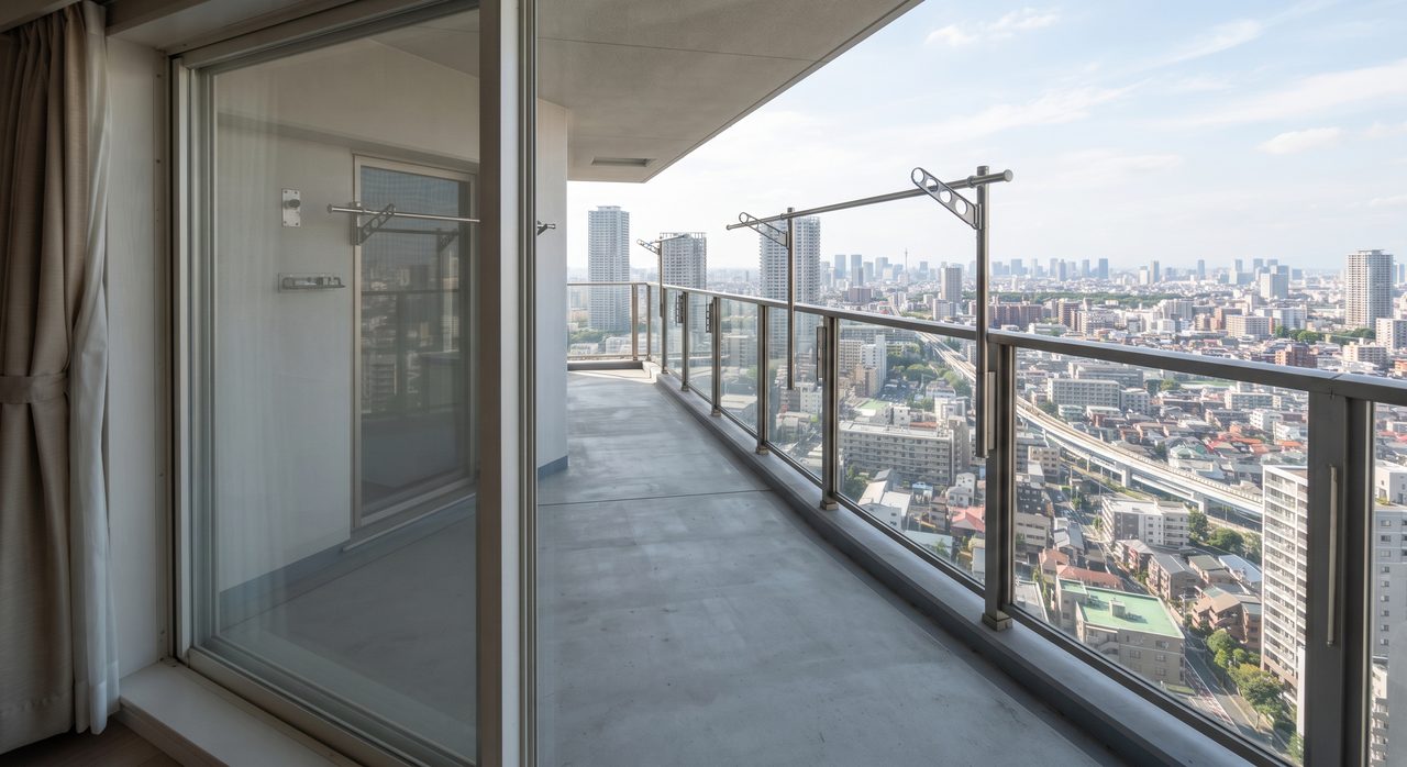 マンションのバルコニーを室内の掃き出し窓越しに撮影した写真、物が置かれておらず避難経路として通路が確保されている様子