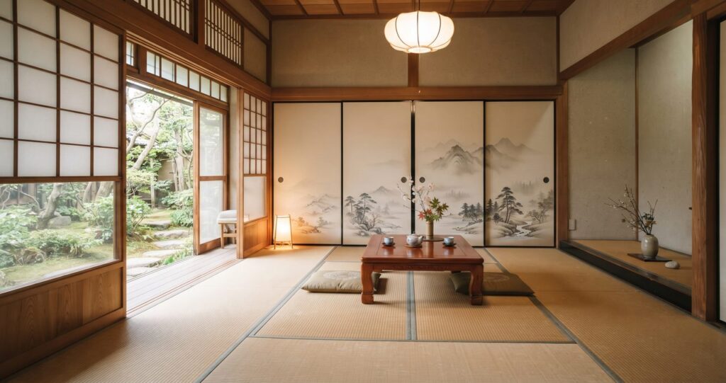 障子とふすまのある落ち着いた雰囲気の和室全体、山水画のふすまと畳が写る情景