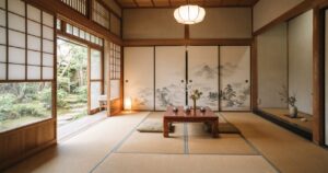 障子とふすまのある落ち着いた雰囲気の和室全体、山水画のふすまと畳が写る情景