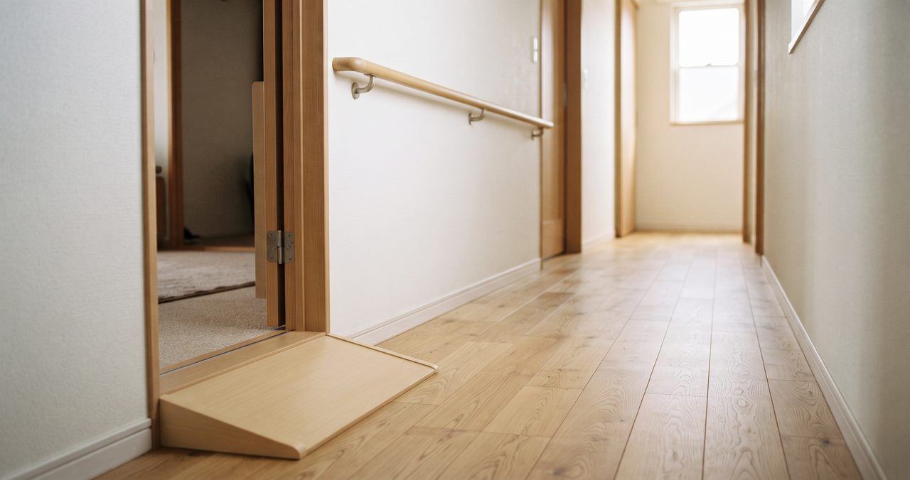 住宅の廊下の壁に取り付けられた木製の手すりと、部屋の入り口にあるゆるやかな傾斜のスロープ(段差解消材)