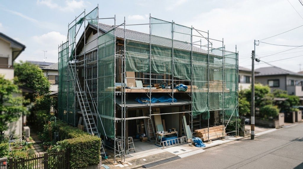 外壁の断熱リフォームのために足場を組んだ木造戸建て住宅