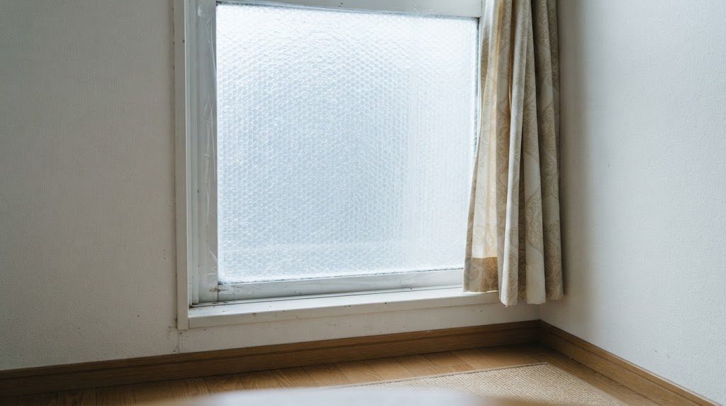 賃貸の窓ガラスに、縁をテープで留めた気泡入りの断熱シートを貼った様子